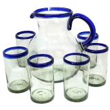  / Juego de jarra y 6 vasos grandes con borde azul cobalto